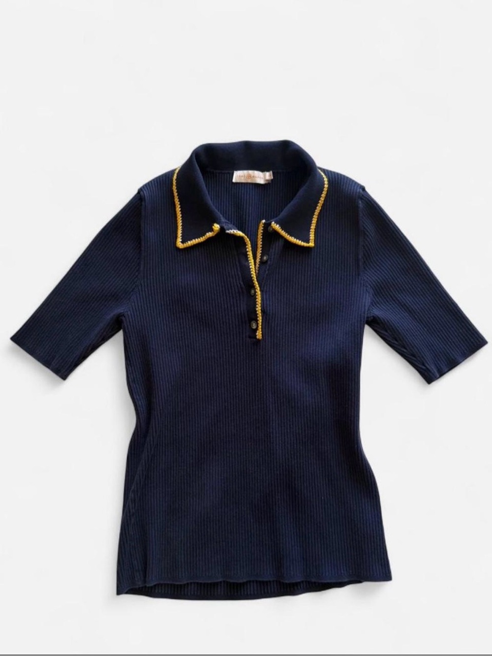Vintage Tory Burch Navy Short-Sleeve Polo Sweater with Gold Trim